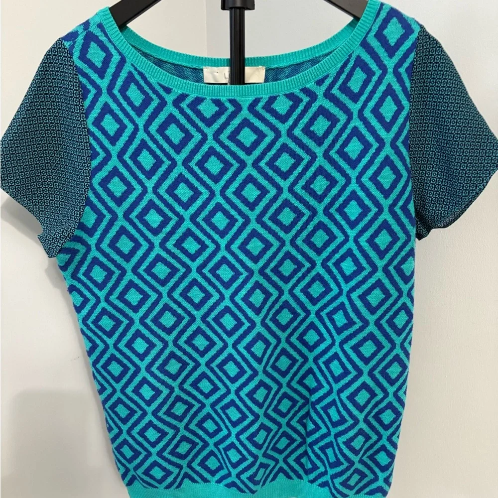 Loft Teal Geometric Mod Knit Short Sleeve Sweater Size M
